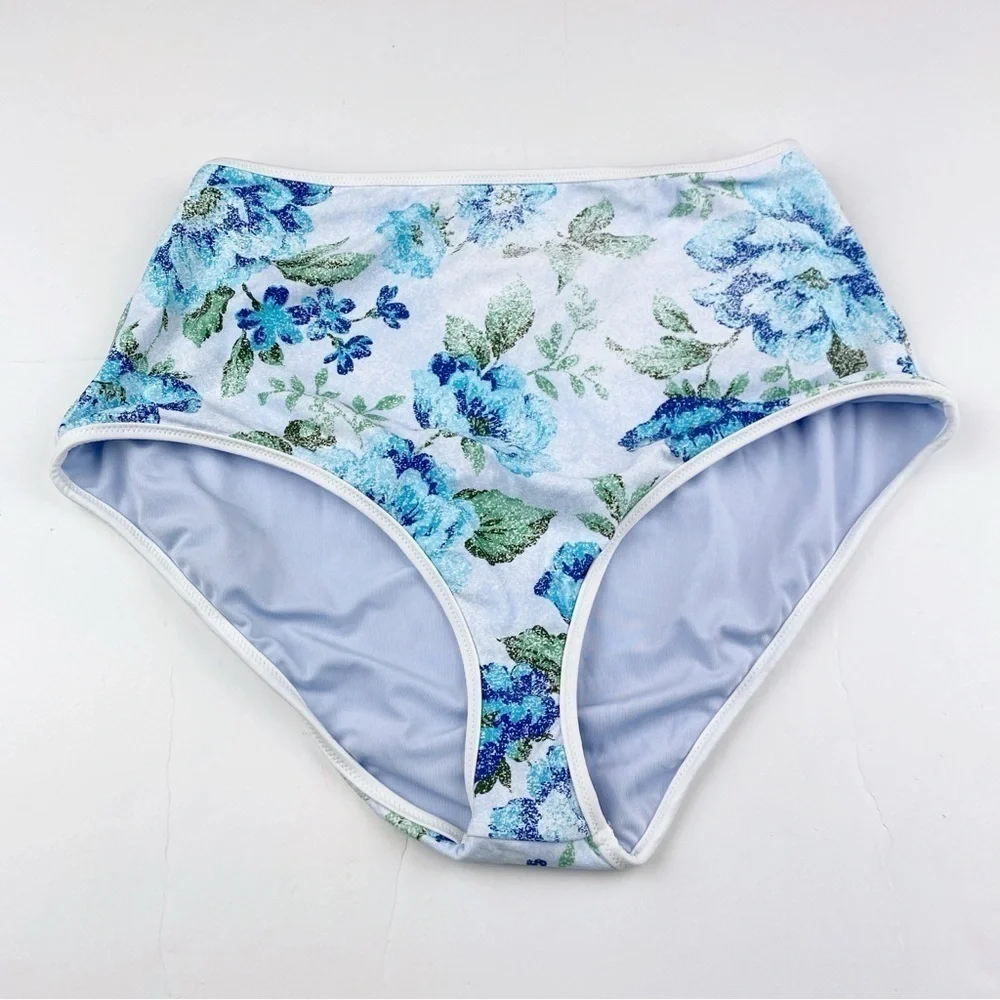 Aerie High Waisted Full Coverage Bikini Bottom Blue Floral Size M NWT